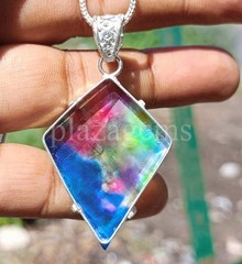 Natural Ammolite Doublet Opal 69.45 Ct Kite Shape Silver Pendant Free Chain 6AGW