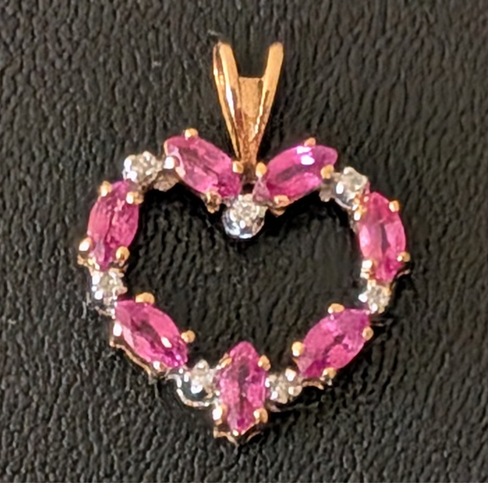 14k Solid Gold Pink Topaz Diamonds Heart Pendant Thermal Tested