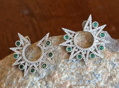 Vtg Sterling Star Point Statement Earrings, Emerald Green & Clear CZ Settings
