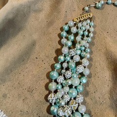 Vintage Japan 6 Strand Aqua Seafoam Glass & Acrylic Bead Necklace Statement Bib
