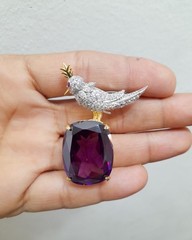 Cushion Cut Lab Amethyst Bird On A Rock Brooch 925 Fine Silver Luxurious Jewelry