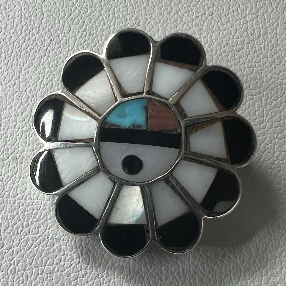 Vintage Zuni Native 925 Silver Sunface Brooch Inlay Design Natural Stones