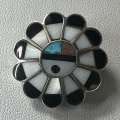Vintage Zuni Native 925 Silver Sunface Brooch Inlay Design Natural Stones