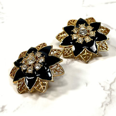 Vintage Oscar de la Renta Signed O Logo Gold Black Enamel Flower Post Earrings