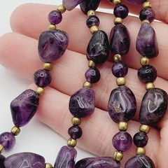 Vintage Amethyst Beaded Necklace Purple 24″ Brass Spacer Beads Natural Nuggets