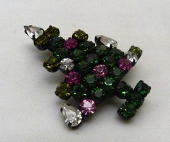 VINTAGE PRONG-SET SPARKLING PINK RED GREEN RHINESTONE CHRISTMAS TREE PIN