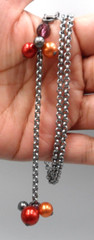 Vintage Y-Drop Tassel Station Necklace Faux Pearl Front Clasp Rolo Chain 21″ EUC
