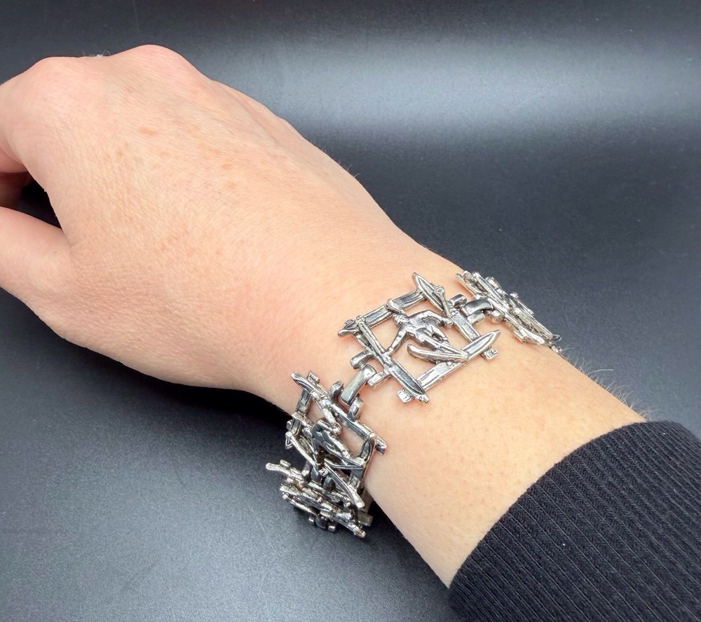 Vintage Skier Skis Winter Sports Panel Bracelet Silver Tone 7” Length