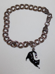 FAS 925 Italy Vintage Double Link Bracelet With Enamel Black Cat Charm 7″