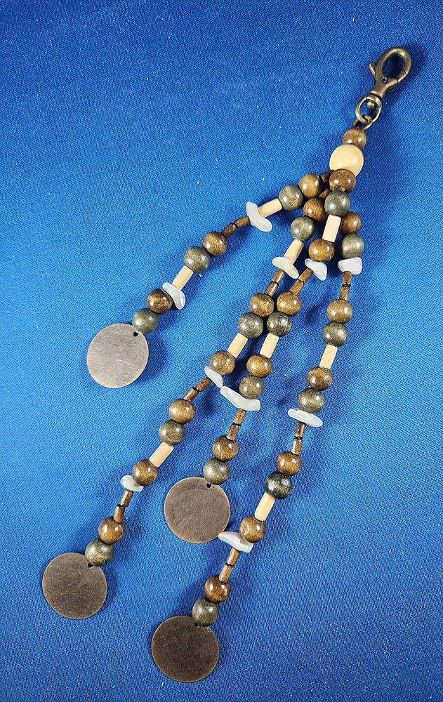 Vintage Bohemian Dangle Wooden Beads Faux Bone & Metal Coin Clasp 10” long