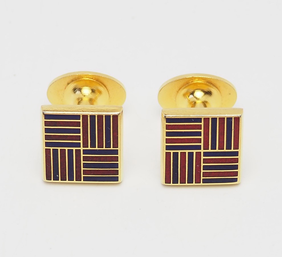 Gold tone metal red black enamel striped square shape cufflinks Faconnable