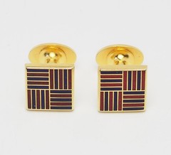 Gold tone metal red black enamel striped square shape cufflinks Faconnable