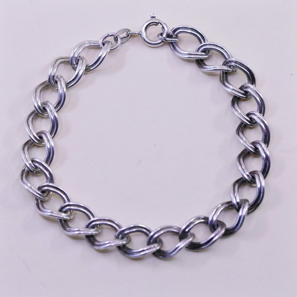 6.5”, 9mm, Vintage sterling silver double curb bracelet, 925 chain