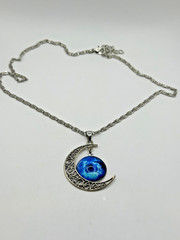 CRESCENT MOON BLUE GALAXY PENDANT NECKLACE SILVER TONE CHAIN CELESTIAL BOHO