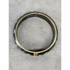Vintage Cloisonne Enamel Floral Bangle Bracelet Black Gold Hinged Box Clasp 2.25