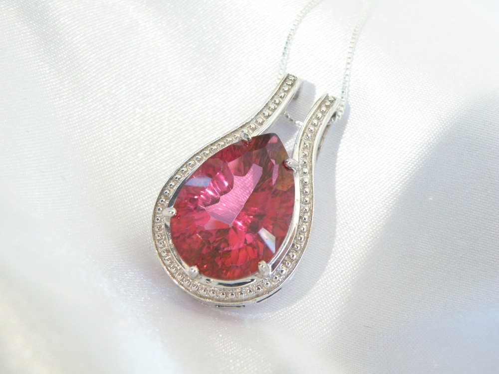 Sterling Silver 925 Pink Topaz Large Slide Pendant Necklace