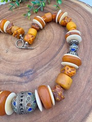Moroccan Necklace, With Resin Copal, Enamel & Buffalo Horn Discs