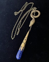 Lariat Necklace Egyptian Revival Coiled Snake Pendant Blue Lapis Lazuli Drop