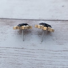 Vintage Earrings for Pierced Ears Dainty Black, Clear Gem, Gold Tone