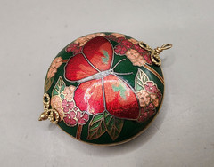 Vintage Cloisonne Enamel Butterfly Pendant Round Solid Charm Floral Green 14g
