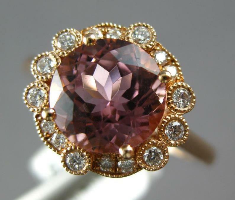 ESTATE 2.42CT DIAMOND & AAA PINK TOURMALINE 14KT ROSE GOLD ROUND ENGAGEMENT RING