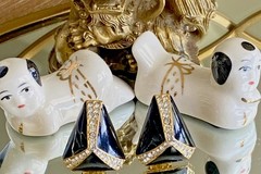 Vintage Ciner Asymmetrical Gold Plated Black Enamel Crystal Clip-On Earrings