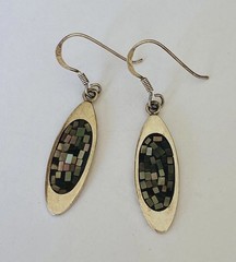Vintage Sterling Silver Abalone Mother Of Pear Mosaic Oval Dangle Hook Earrings