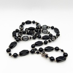Vintage Black Glass Beaded 30″ Long Necklace Sterling Silver Box Clasp