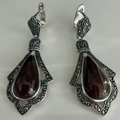 QSYZP Silver Marcasite Banded Agate Sardonyx Teardrop Dangle Earrings Vintage