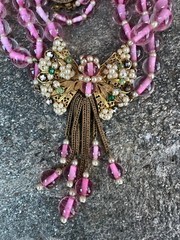 Early Miriam Haskell 3 Strand Pink Glass Filigree Wired Beads Festoon Necklace