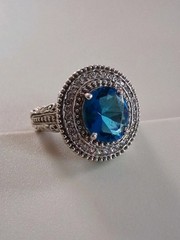 Vintage Art Deco London Blue Topaz CZ Halo Cocktail Ring Size 7 Sterling Silver
