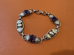 Vtg Antique Gold on Sterling Silver Bracelet w/ Faceted Purple Glass or Stones