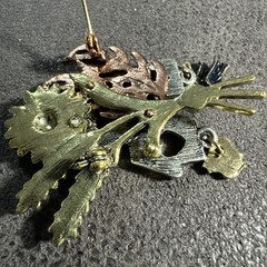 Tri-Colored Birdhouse Brooch Pin Sunflower Leaves Dangling Birds Fall Vintage