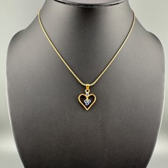 Vintage Rhinestone Heart Pendant Necklace Blue Stone Gold Tone 15″ Chain Dainty