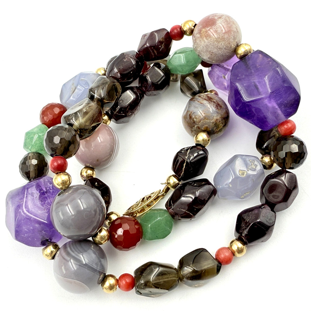 Spectacular 14K Gold Amethyst Garnet Quartz Chalcedony Beaded Necklace