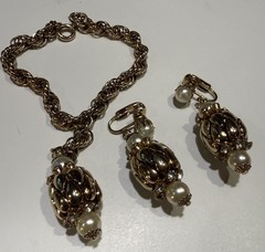 1950s Magic Lantern Gold Tone Rhinestone Earrings Necklace Charm Bracelet Set