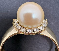 Vintage AJC Ring Brooch Clear Rhinestones Faux Pearl Gold Tone