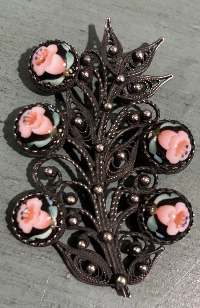 Vintage Russian Rostov Finift Filigree Hand-Painted Porcelain Cabochons Brooch