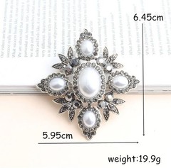 Imitation Pearl & Dark Gray Crystal Brooch Silver Tone
