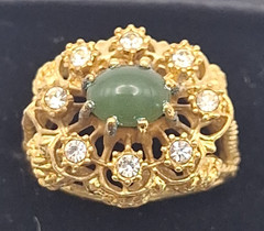 Vintage 18K HGE Green Cabochon Rhinestone Cocktail Ring Size 8 Regency Glam Chic