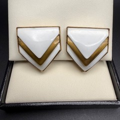 Vintage Gold & White Lucite Clip On Earrings Geometric Chevron Classic 80s Glam