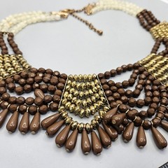 Beaded Necklace Tribal Bib Collar Statement Runway Boho Gold Tone Brown VTG 16″