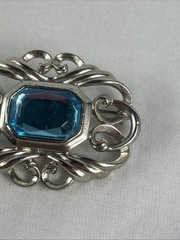 Ornate Brooch Pin Blue Glass Stone 1.5” Silver Tone Vintage