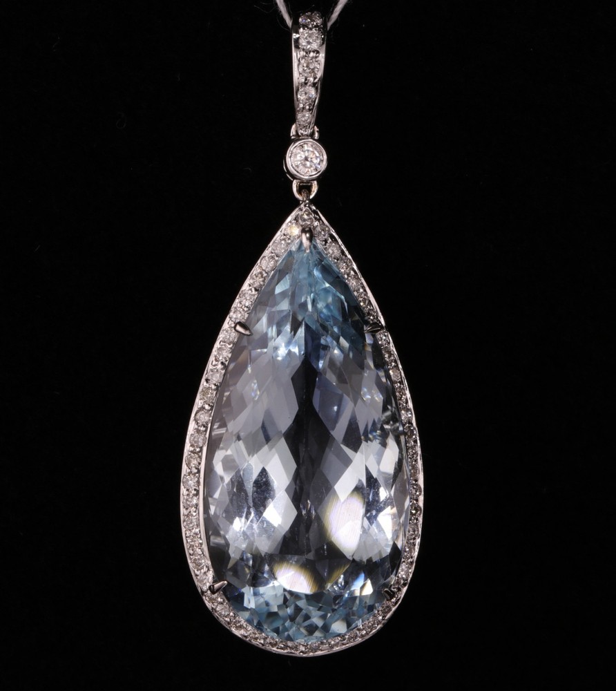 Vintage Estate Large Aquamarine & Diamond 18k White Gold Pendant