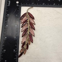 Vintage Rhinestone Feather Brooch Gold Tone Pink Purple Open Back LARGE