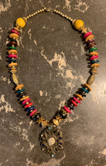 tribal chunky goldtone metal pendant, wood beads 12″ drop hook/eye fastener