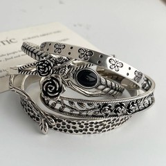 Vintage Flower Retro Rose Cuff Bangle Set Sterling Silver Women Jewelle Bracelet