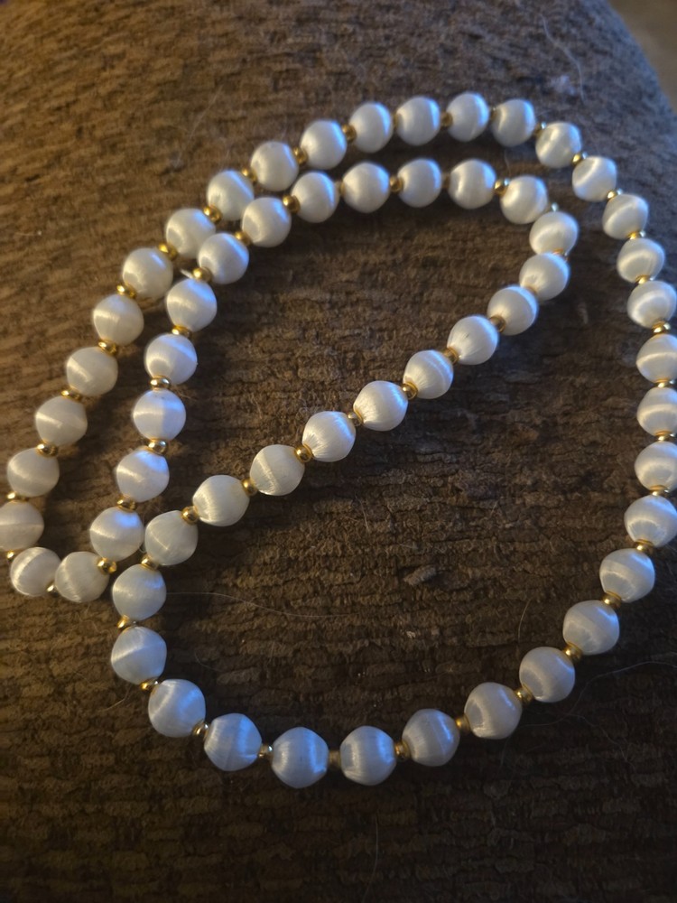 Vintage Pastel ivory Silk Satin Wrapped Bead Necklace 30″