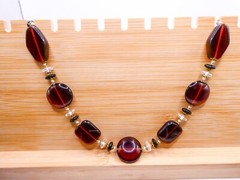 Chunky Modernist Beaded Cognac Molded Glass 20″ Statement Stackable Necklace