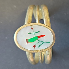 Brass Silver Tone Cuff Bracelet Oval Bird Motif White Inlay Green/Red/Black
